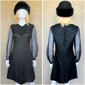 🖤Vintage 60s Black Brocade Dress with Beaded Neckline🖤